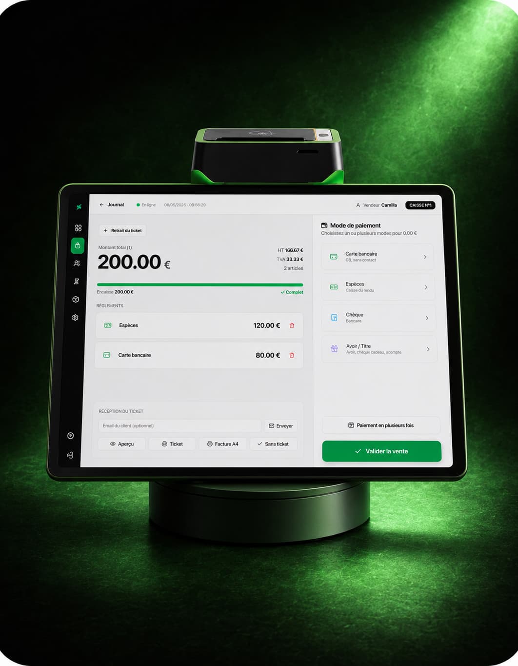 Tablette Sliderz sur son socle avec imprimante ticket intégrée, écran d'encaissement affiché