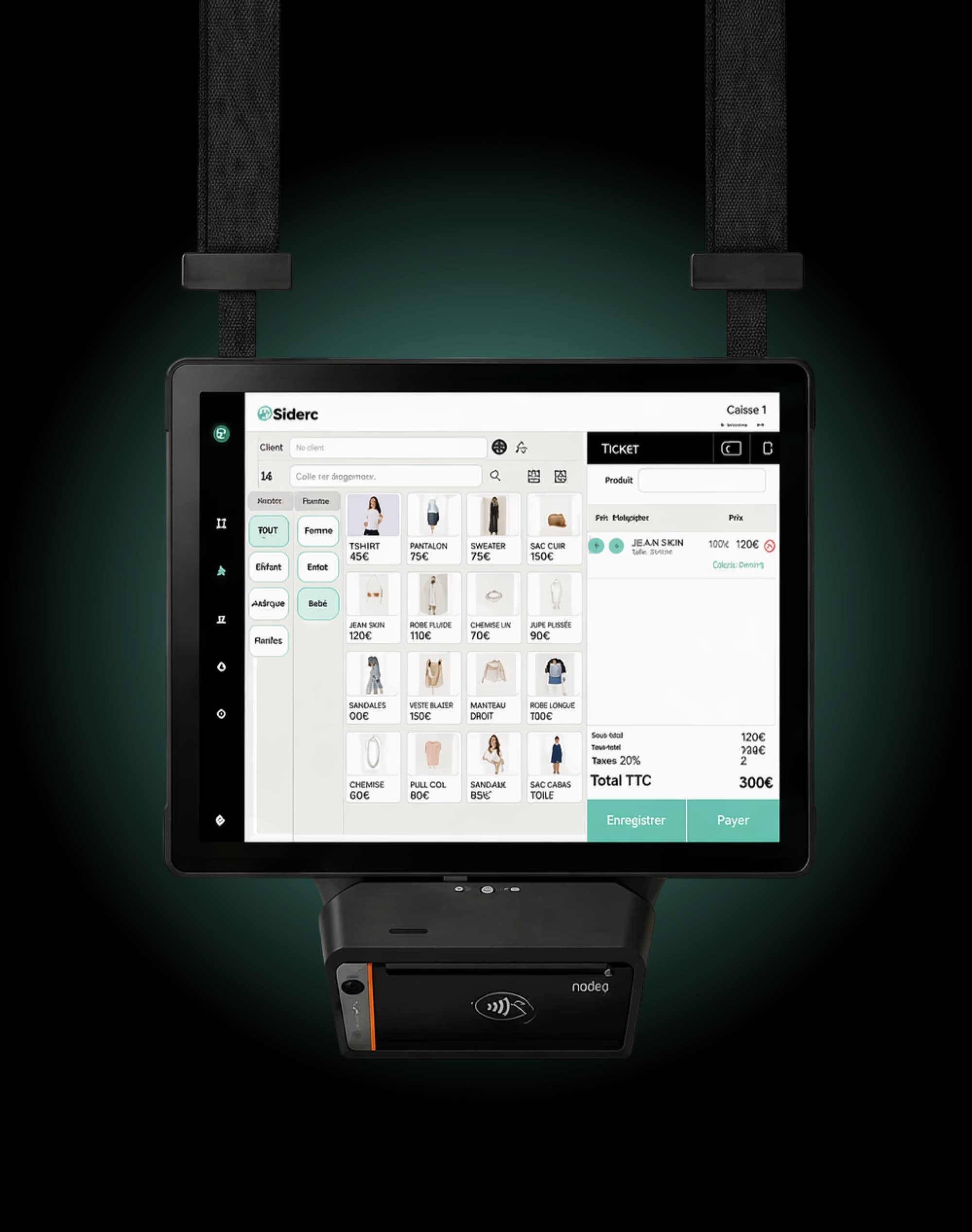 Tablette tout-en-un Sliderz affichant l'écran de caisse avec catalogue et ticket de vente