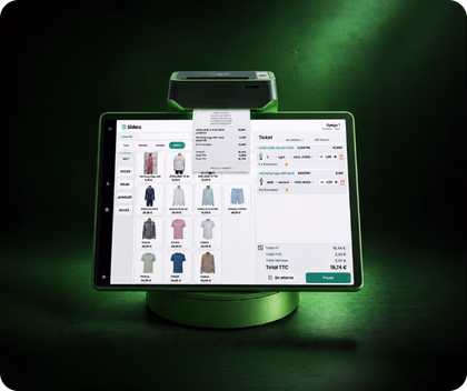 Sliderz all-in-one tablet with built-in payment terminal, showing the checkout screen