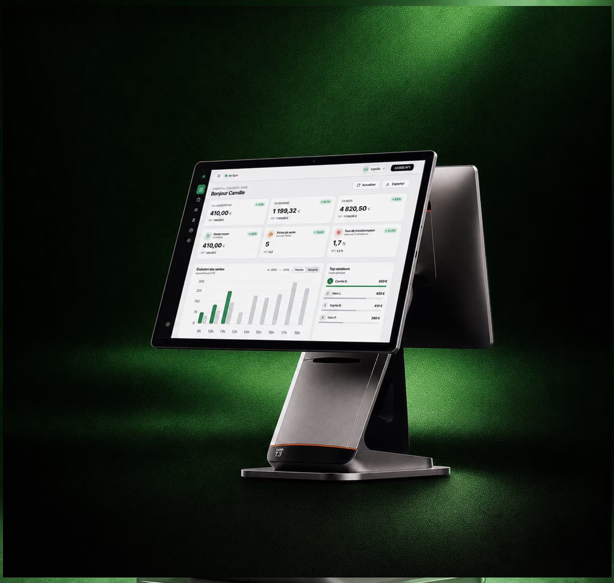 Sliderz large-format dual-screen till station on its dock, showing the dashboard, green light