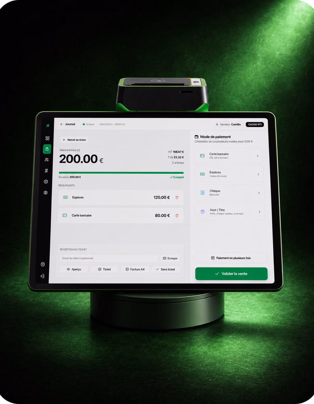 Sliderz all-in-one tablet on its dock, showing €200.00 on the checkout screen, green light