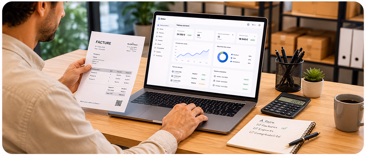 Gérant qui gère son administratif sur ordinateur portable avec le back-office Sliderz