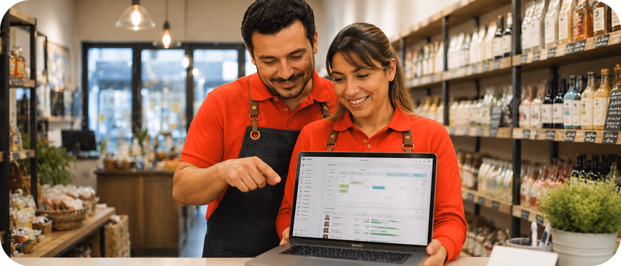Vendeurs en boutique alimentaire qui consultent le back-office Sliderz sur ordinateur portable
