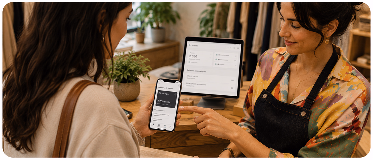 Cliente fidèle accueillie en boutique avec le programme de fidélité Sliderz