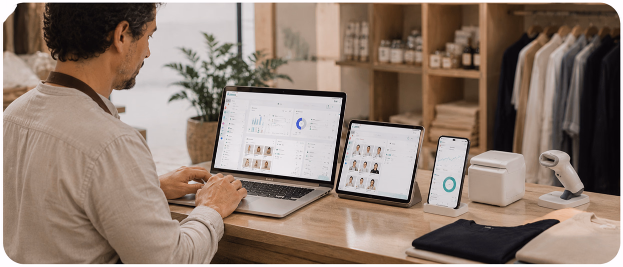 Gérante qui pilote sa boutique du bout des doigts depuis le back-office Sliderz