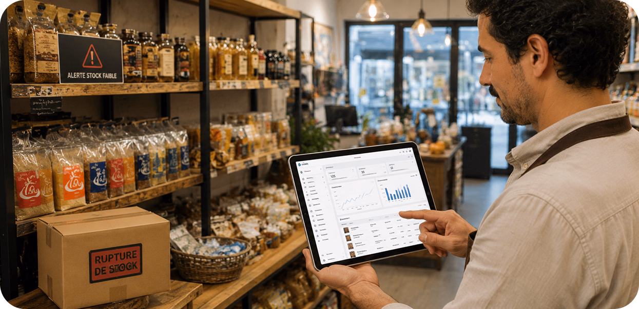 Gérante consultant ses stocks sur la tablette Sliderz dans la réserve de sa boutique