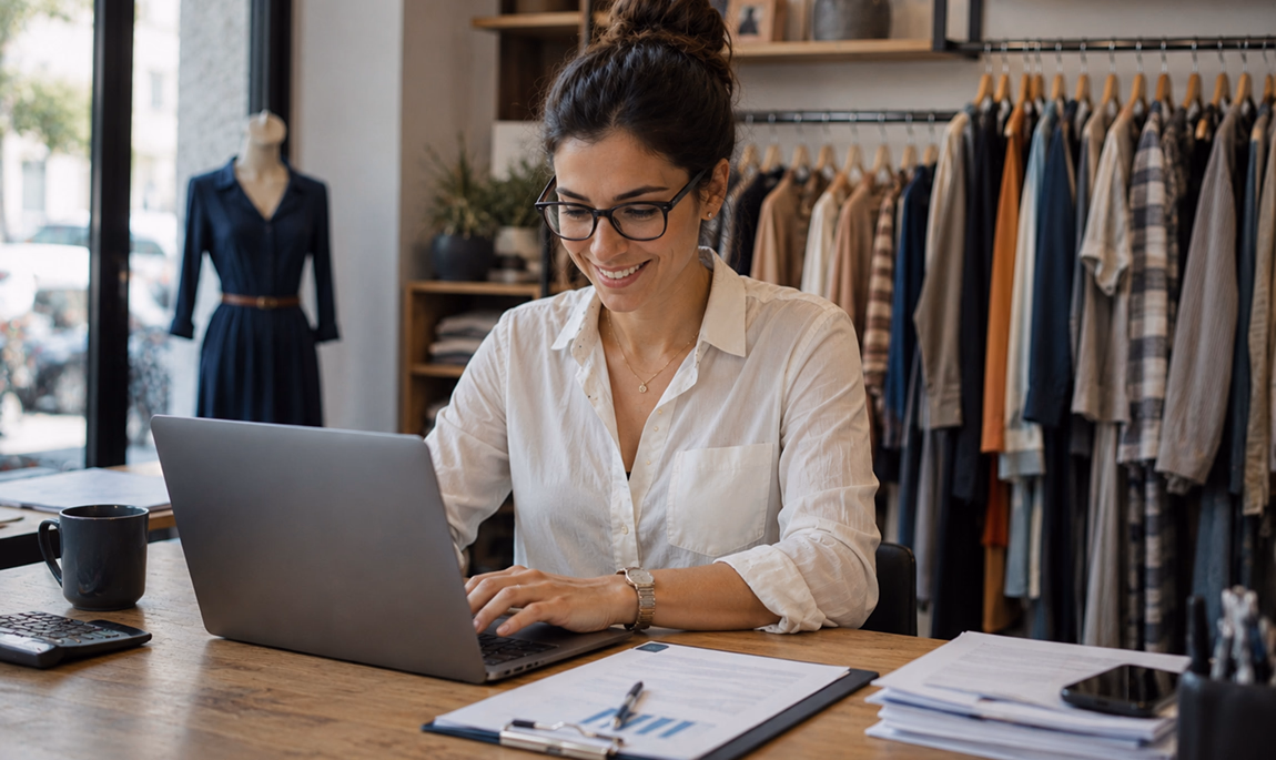 Gérante d'une boutique de mode gérant sa comptabilité sur ordinateur avec Sliderz