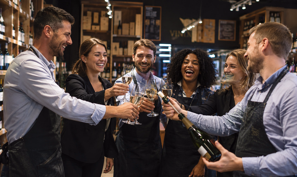 Équipe de vendeurs d'une cave à vin réunie et souriante, commerce géré avec Sliderz