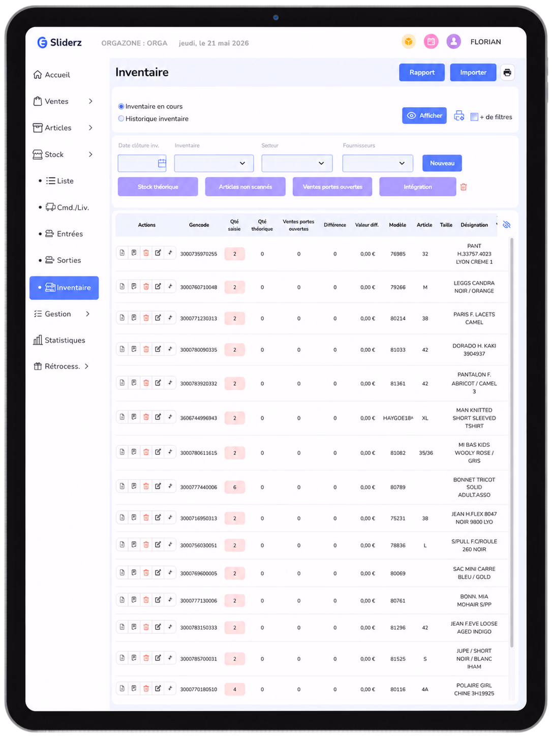 Écran Inventaire du back-office Sliderz affiché sur une tablette