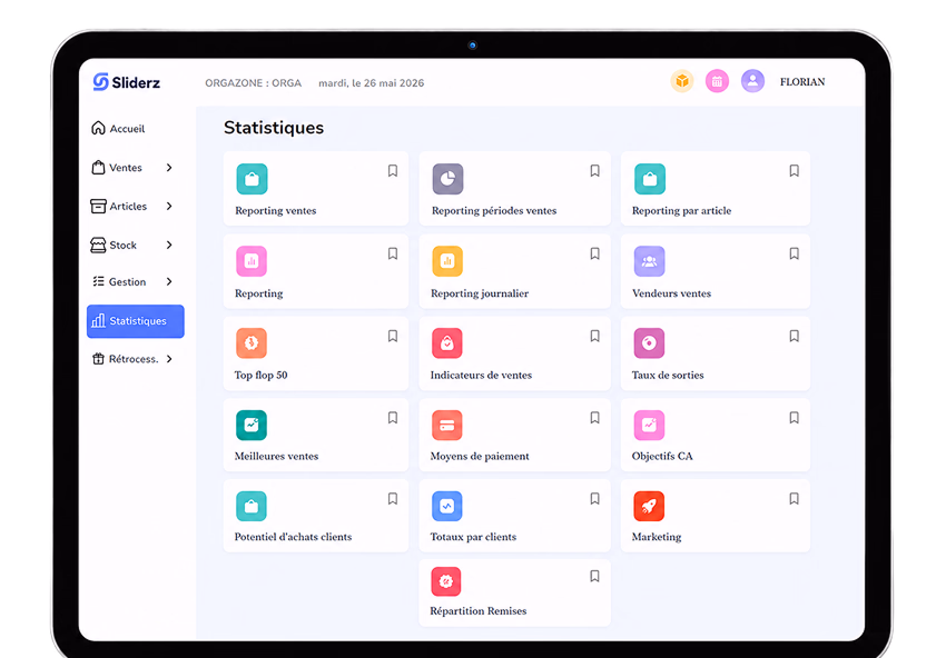 Tableau de bord Sliderz : ventes du jour, top produits et top vendeurs en temps réel