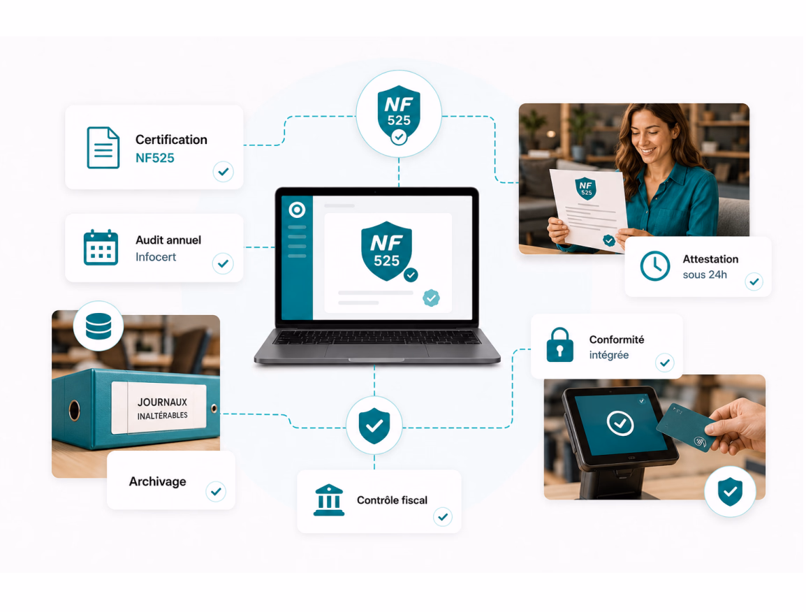 Schéma de la conformité NF525 de Sliderz : certification, archivage inaltérable et contrôle fiscal