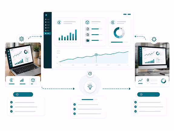 Tableaux de bord d'analytics reliés par des flèches illustrant la connexion comptable de Sliderz