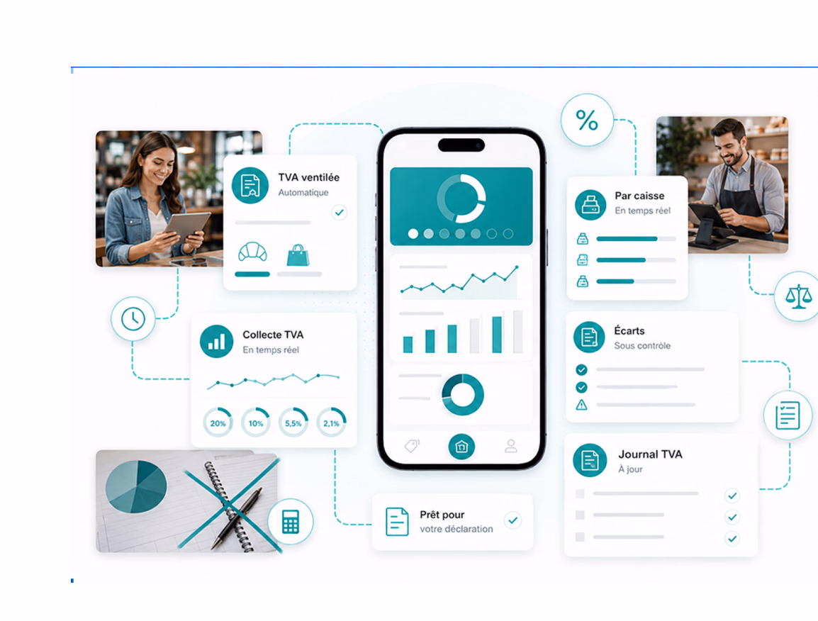 Smartphone affichant des graphiques de ventes et un suivi de TVA estompé en arrière-plan