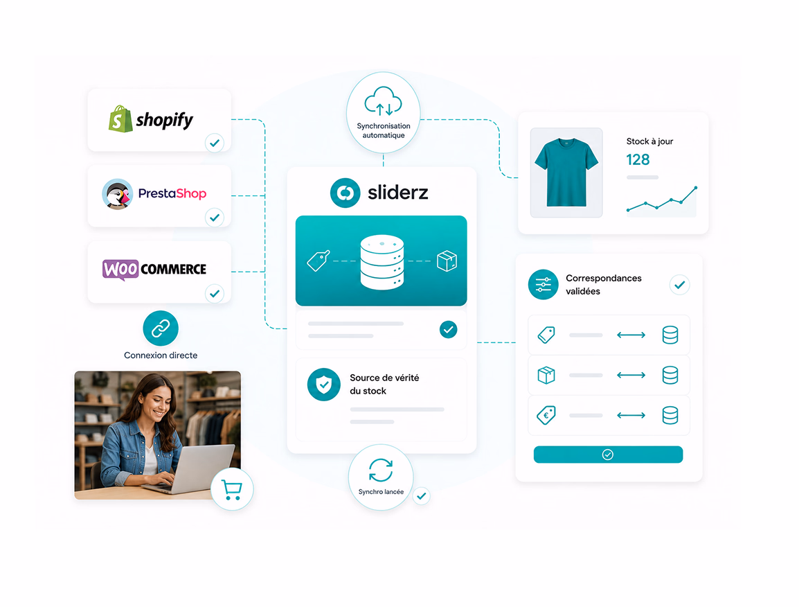 Schéma de synchronisation du stock entre Sliderz et Shopify, PrestaShop et WooCommerce