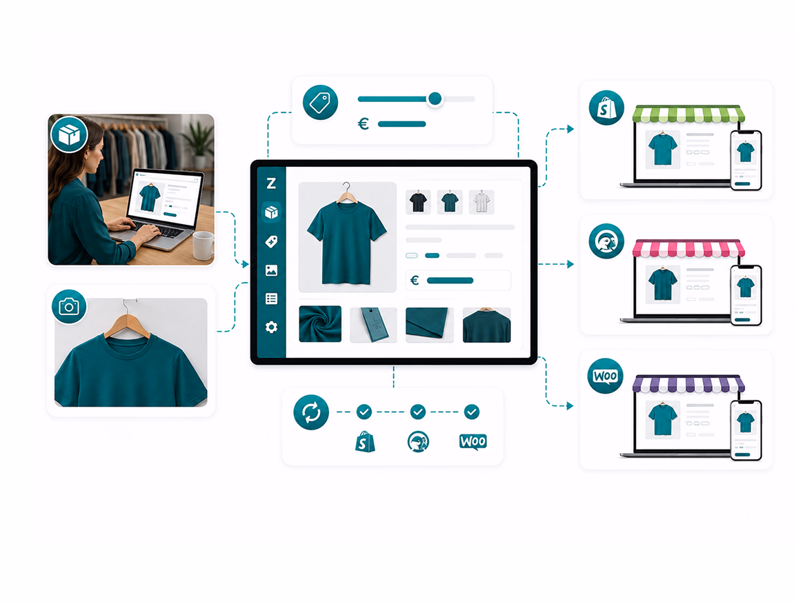 Fiche produit éditée dans Sliderz et publiée vers Shopify, PrestaShop et WooCommerce