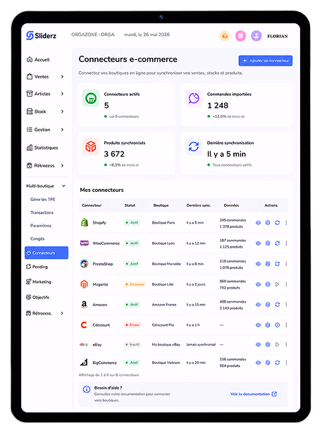 Tablette Sliderz affichant les connecteurs e-commerce Shopify, WooCommerce et PrestaShop synchronisés