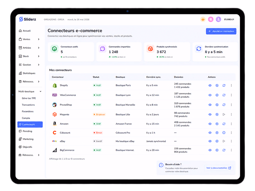 Écran Connecteurs e-commerce de Sliderz sur tablette : boutiques en ligne et commandes synchronisées