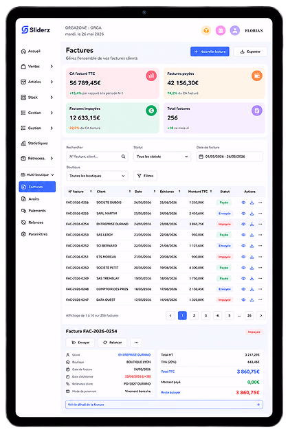 Tablette Sliderz affichant l'écran Factures : factures clients, montants payés et impayés
