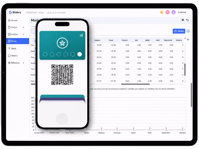 Programme de fidélité Sliderz vu depuis la caisse et le smartphone du client