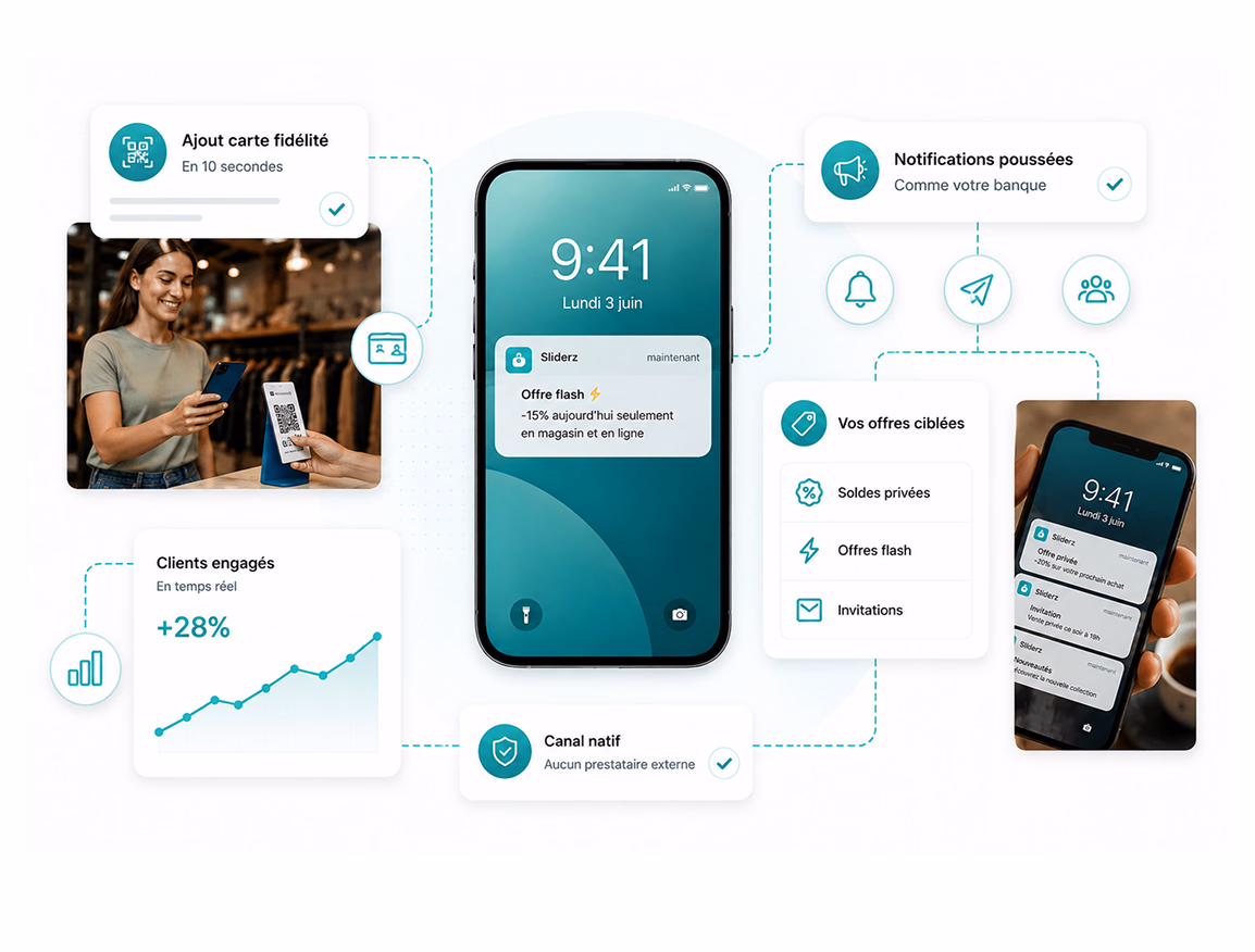 Schéma Sliderz : carte de fidélité dématérialisée et notifications push envoyées aux clients