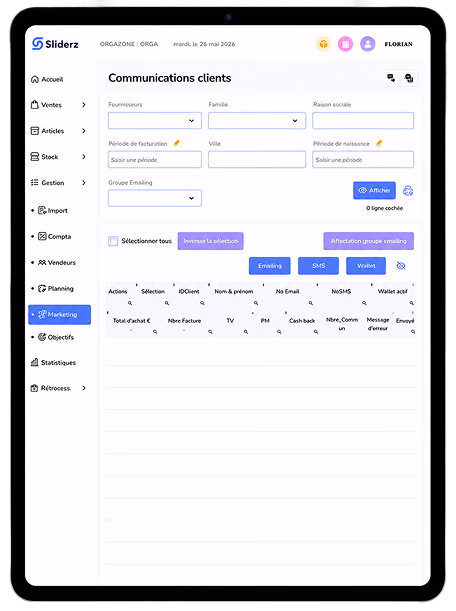 Back-office Sliderz sur tablette : campagnes Emailing, SMS et Wallet vers les clients