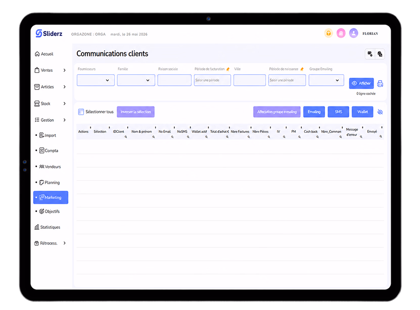 Back-office Sliderz sur tablette : ciblage des clients pour des campagnes Emailing, SMS et Wallet