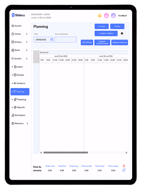 Tablette affichant l'écran Planning de Sliderz, semaine 22 avec créneaux horaires de l'équipe