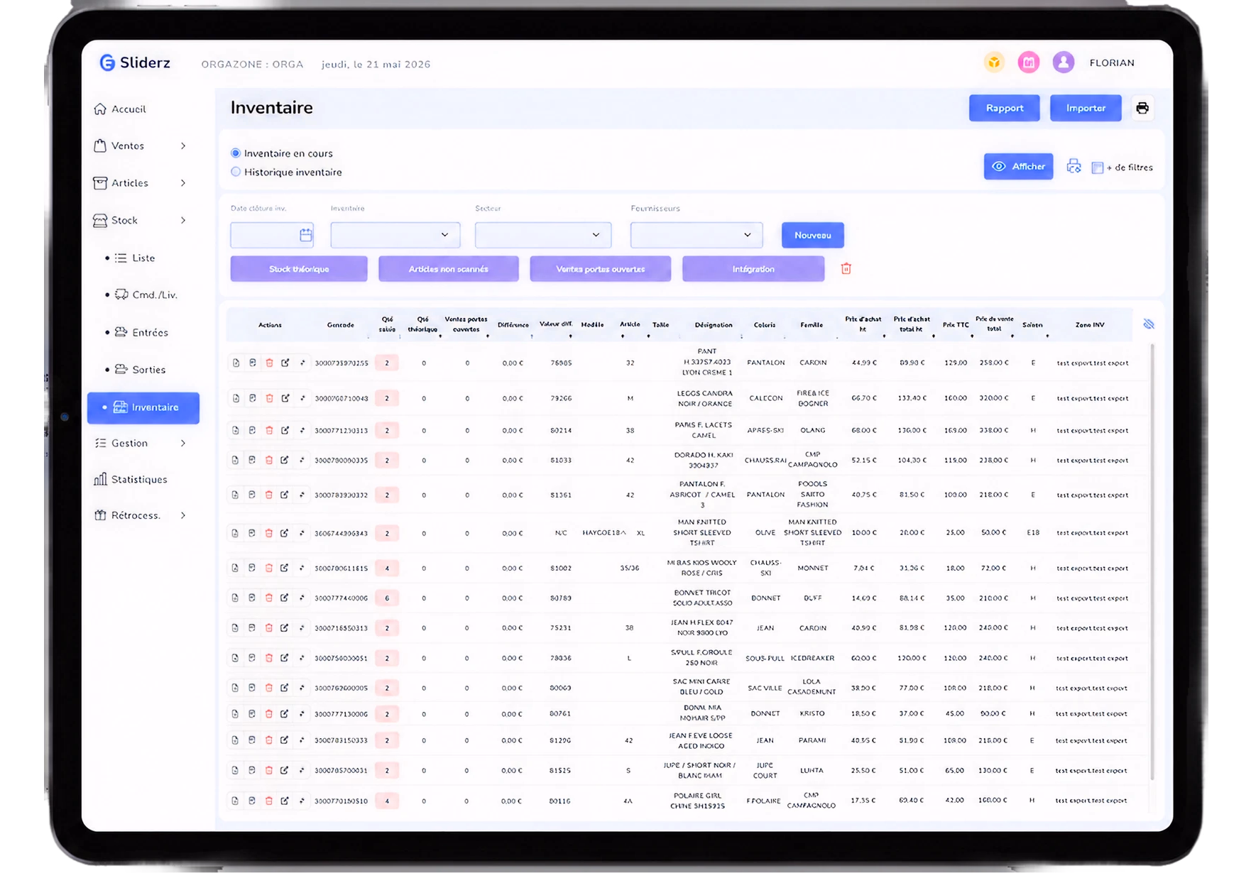 Écran Inventaire du back-office Sliderz affichant le tableau des produits en stock