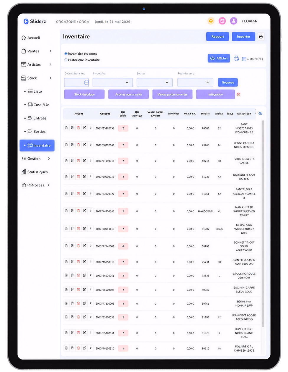 Écran Inventaire du back-office Sliderz affiché sur une tablette