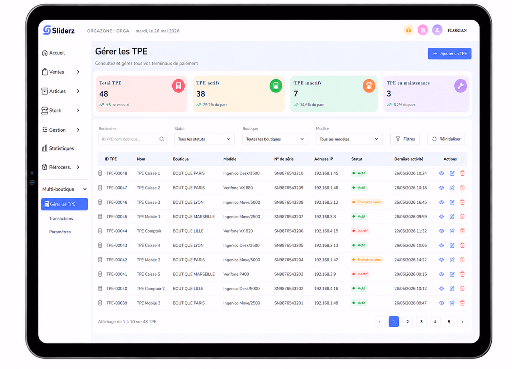 Écran de gestion des TPE du back-office Sliderz avec ses indicateurs et transactions