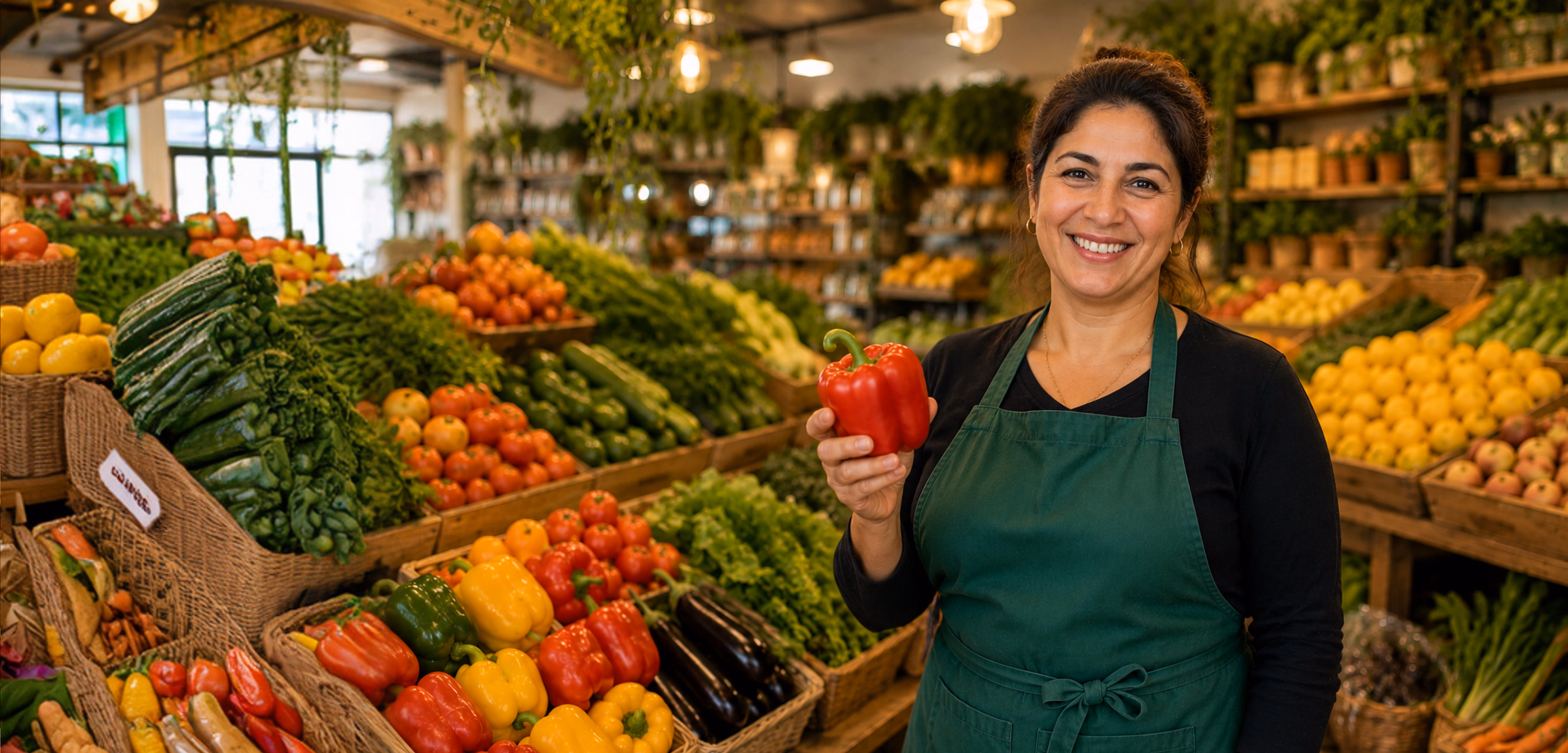 Commerçante d'épicerie en tablier dans son rayon de fruits et légumes, équipée Sliderz