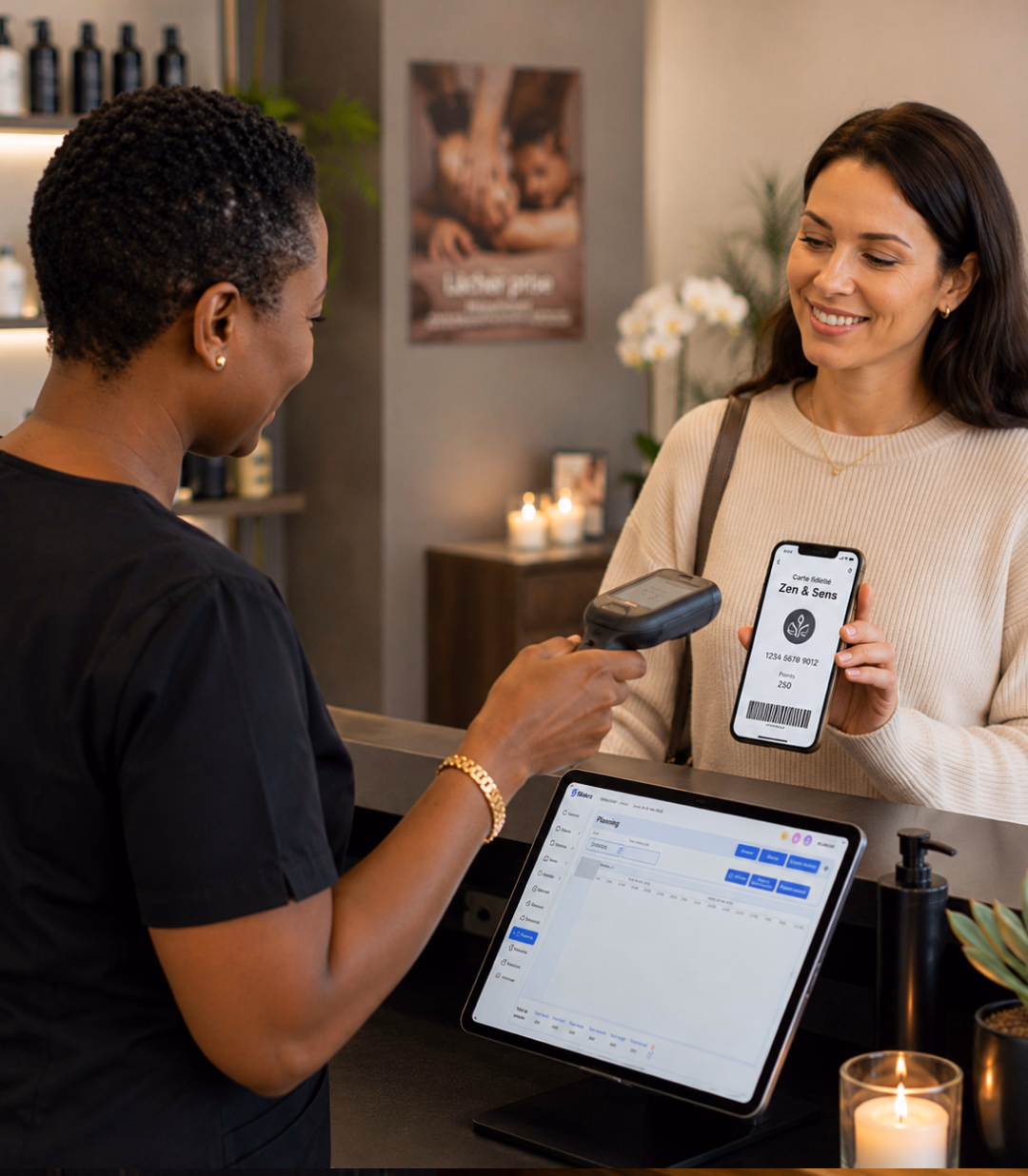 Encaissement d'une cliente via sa carte de fidélité sur smartphone dans un institut équipé Sliderz