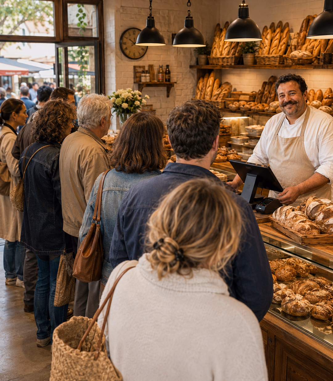 File d'attente fluide dans une boulangerie le samedi matin avec caisse enregistreuse Sliderz