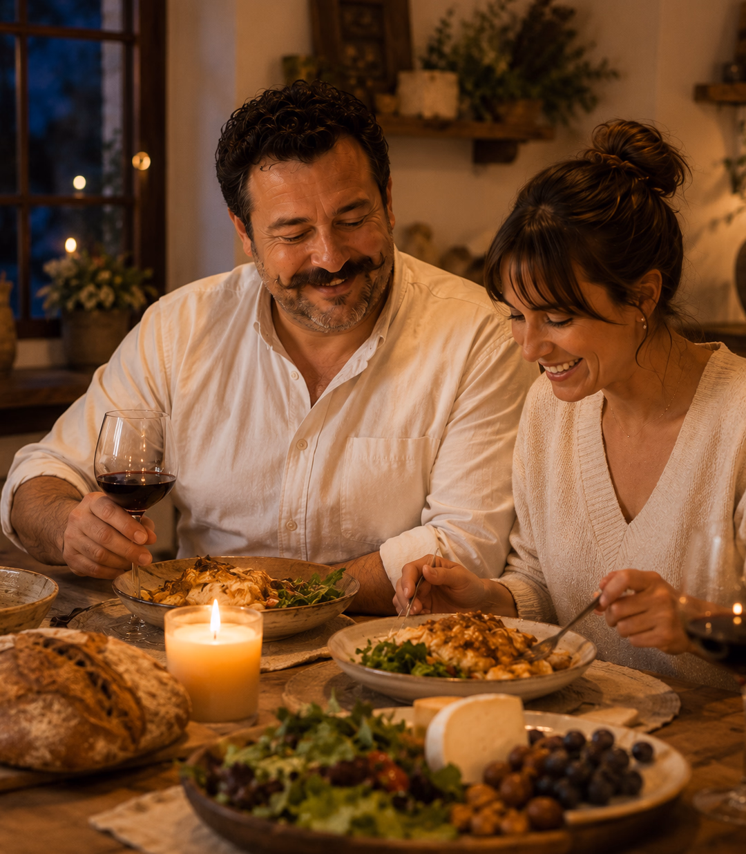 Couple dînant aux chandelles autour de plats et de pain dans une ambiance chaleureuse