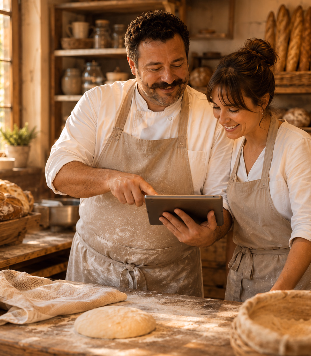 Boulanger et boulangère consultant la tablette Sliderz dans leur fournil