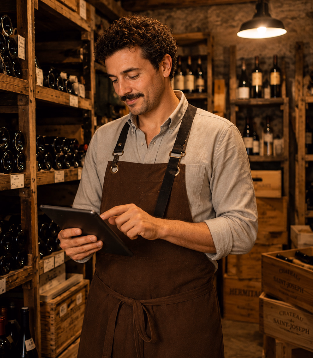Caviste tenant la tablette Sliderz devant ses casiers de bouteilles en cave à vin