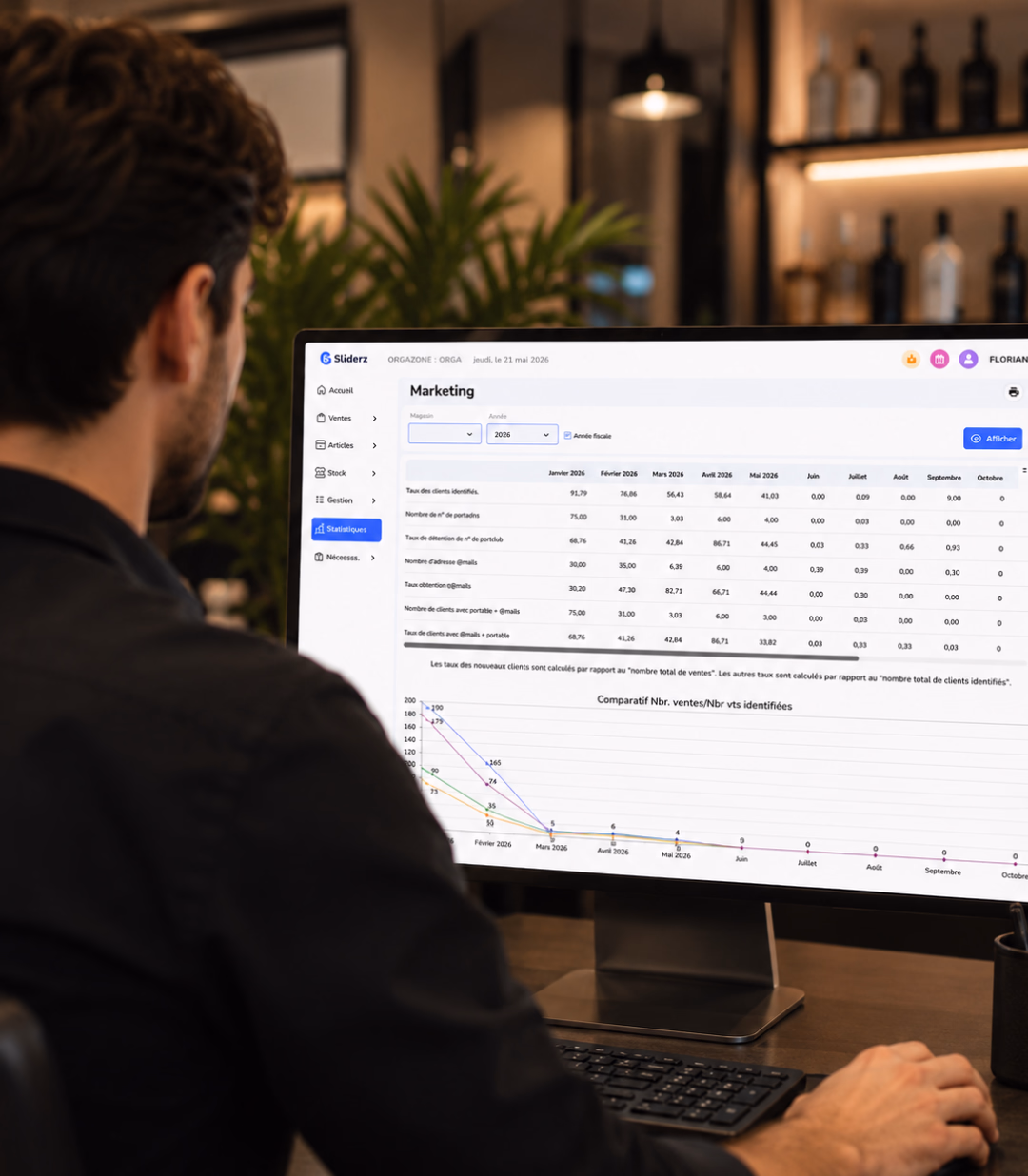 Gérant consultant l'interface Marketing de Sliderz sur l'écran de son ordinateur de bureau