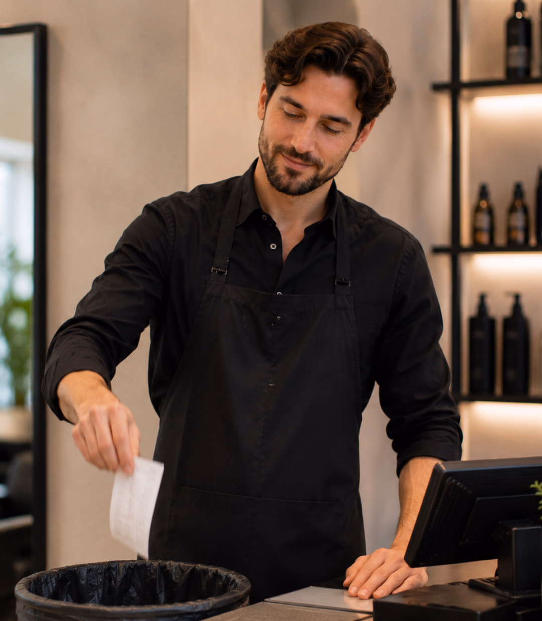 Coiffeur au comptoir d'encaissement d'un salon équipé par Sliderz