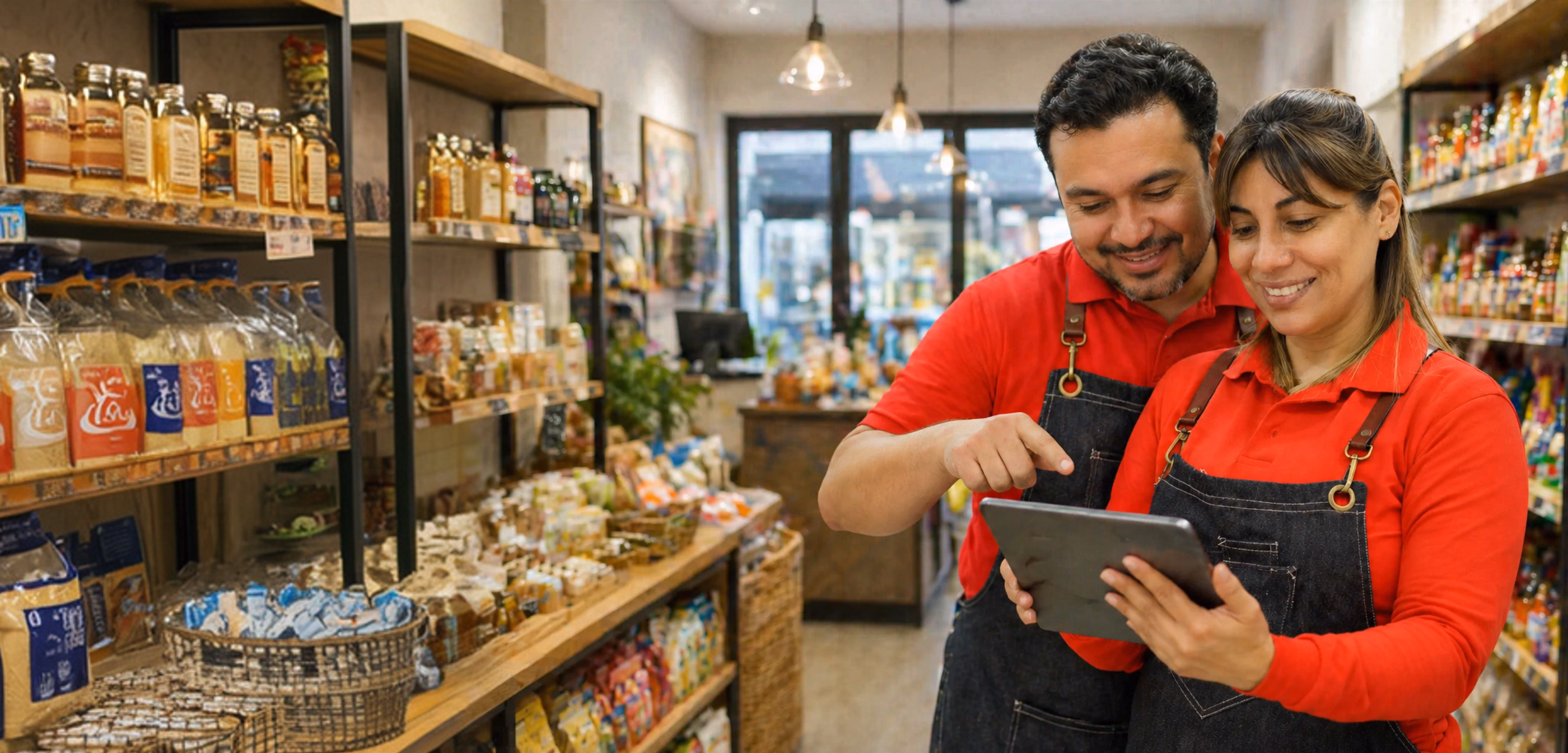 Gérants d'un commerce de détail consultant la tablette Sliderz dans leur épicerie