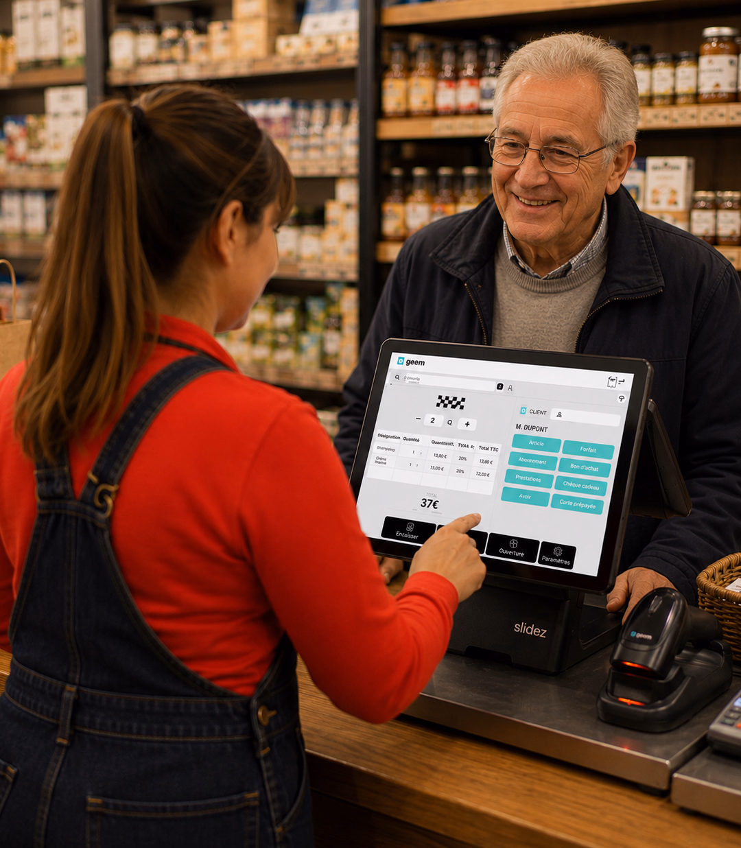 Client encaissé à la caisse Sliderz sur tablette avec TPE dans une épicerie