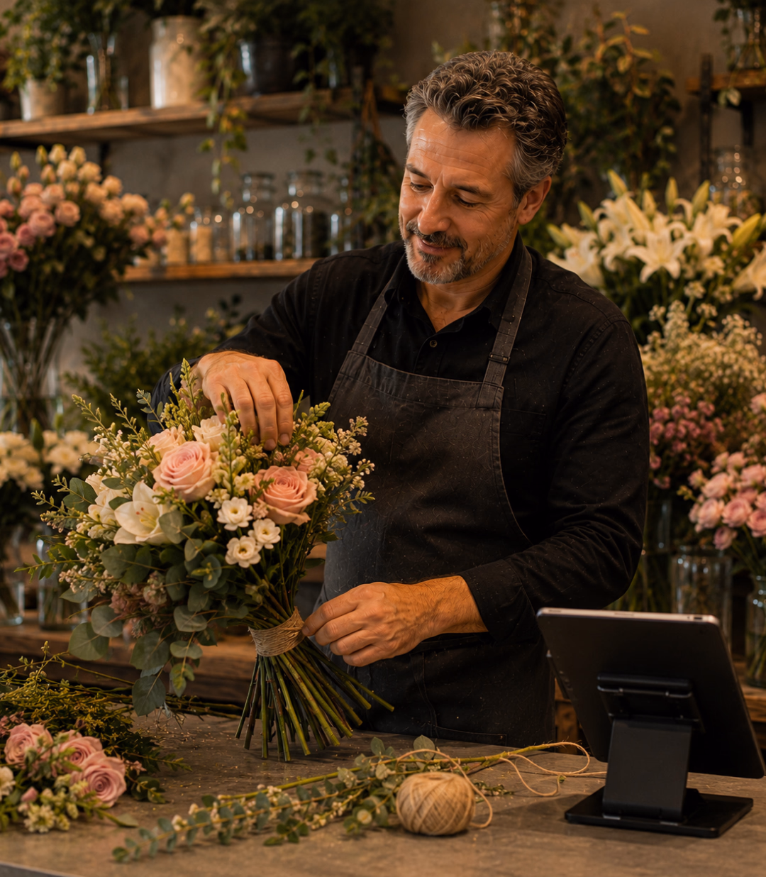 Fleuriste composant un bouquet près de sa tablette de caisse Sliderz en boutique