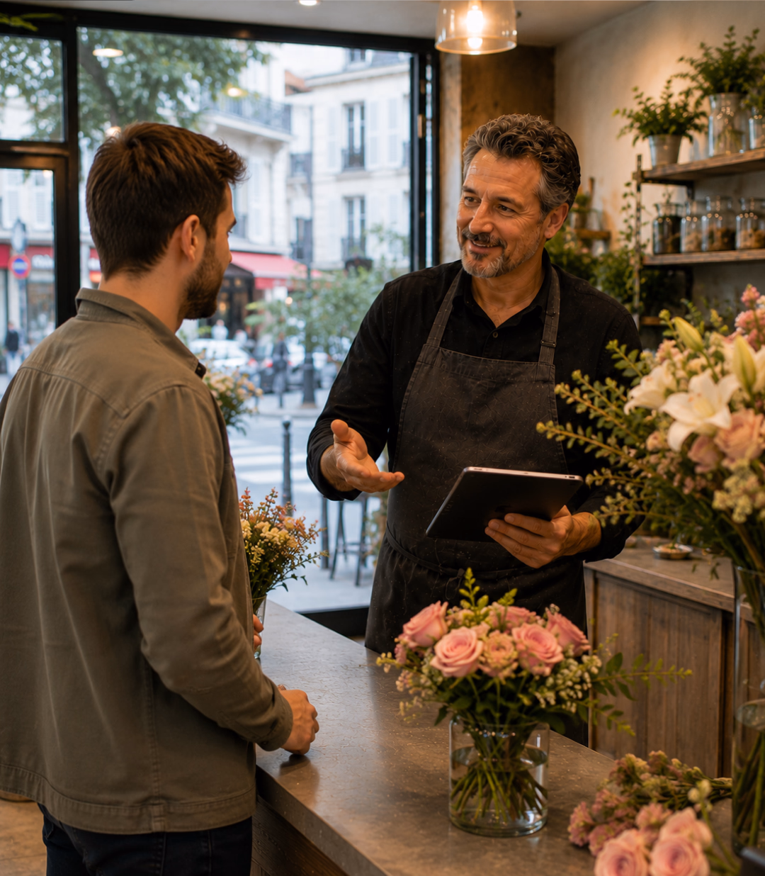 Fleuriste conseillant un client, tablette Sliderz en main, dans sa boutique de fleurs