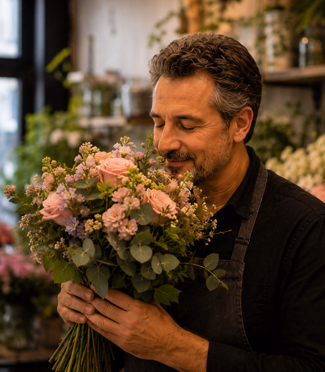 Fleuriste sentant un bouquet rose qu'il vient de préparer dans sa boutique de fleurs