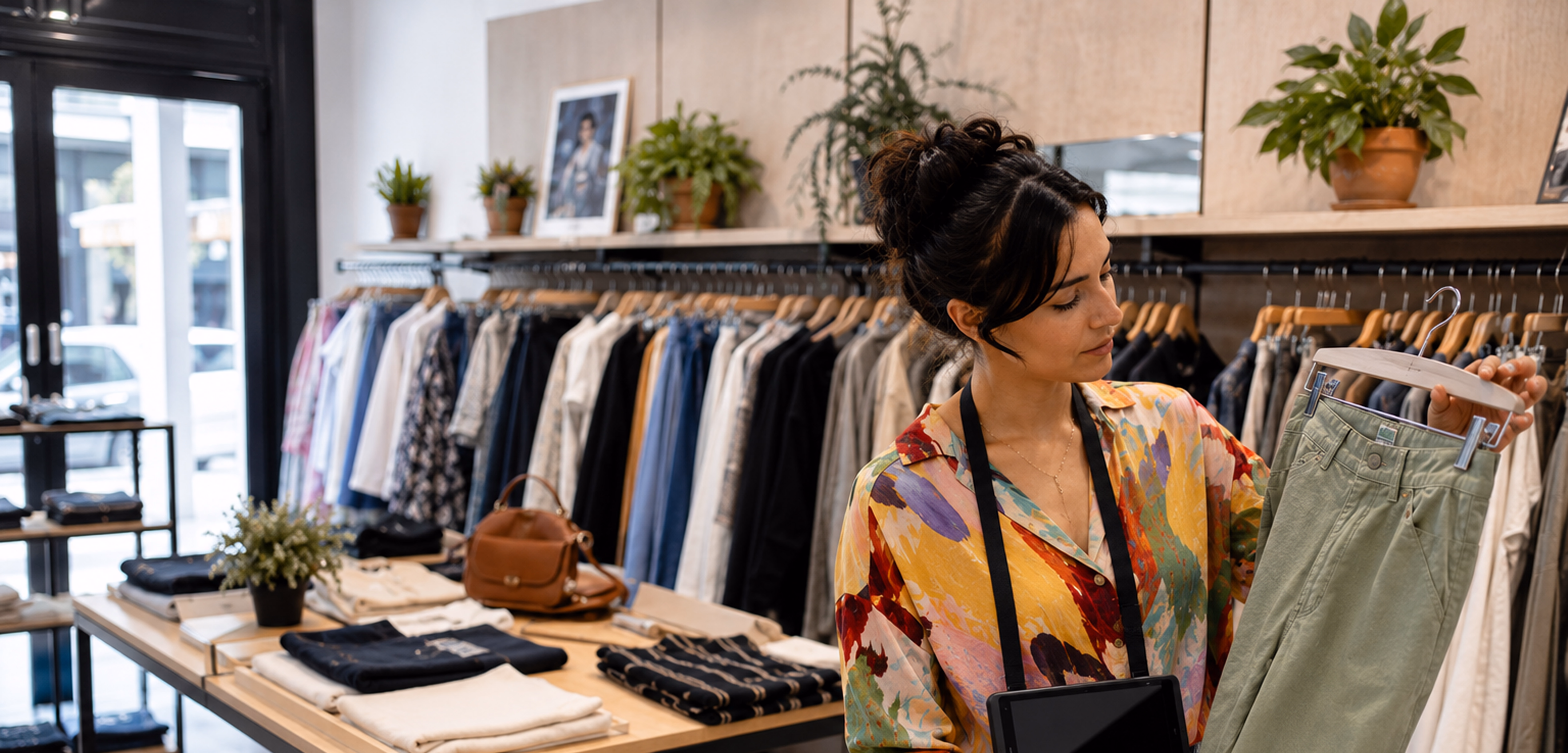 Cliente parcourant les vêtements aux portants d'une boutique de prêt-à-porter