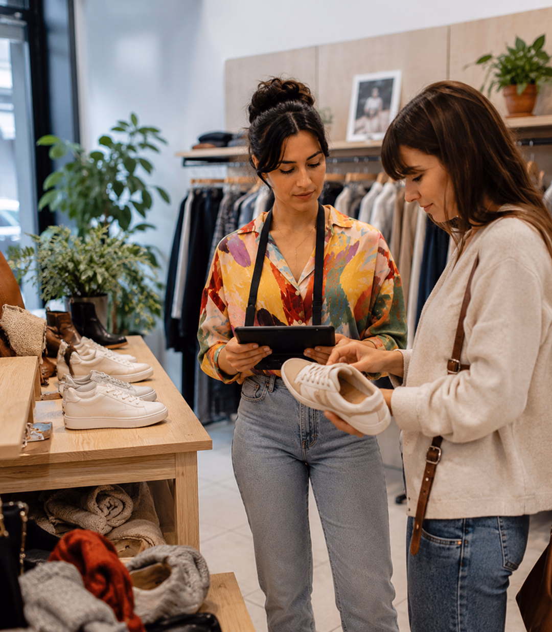 Vendeuse qui conseille une cliente en rayon avec la tablette Sliderz dans une boutique de prêt-à-porter
