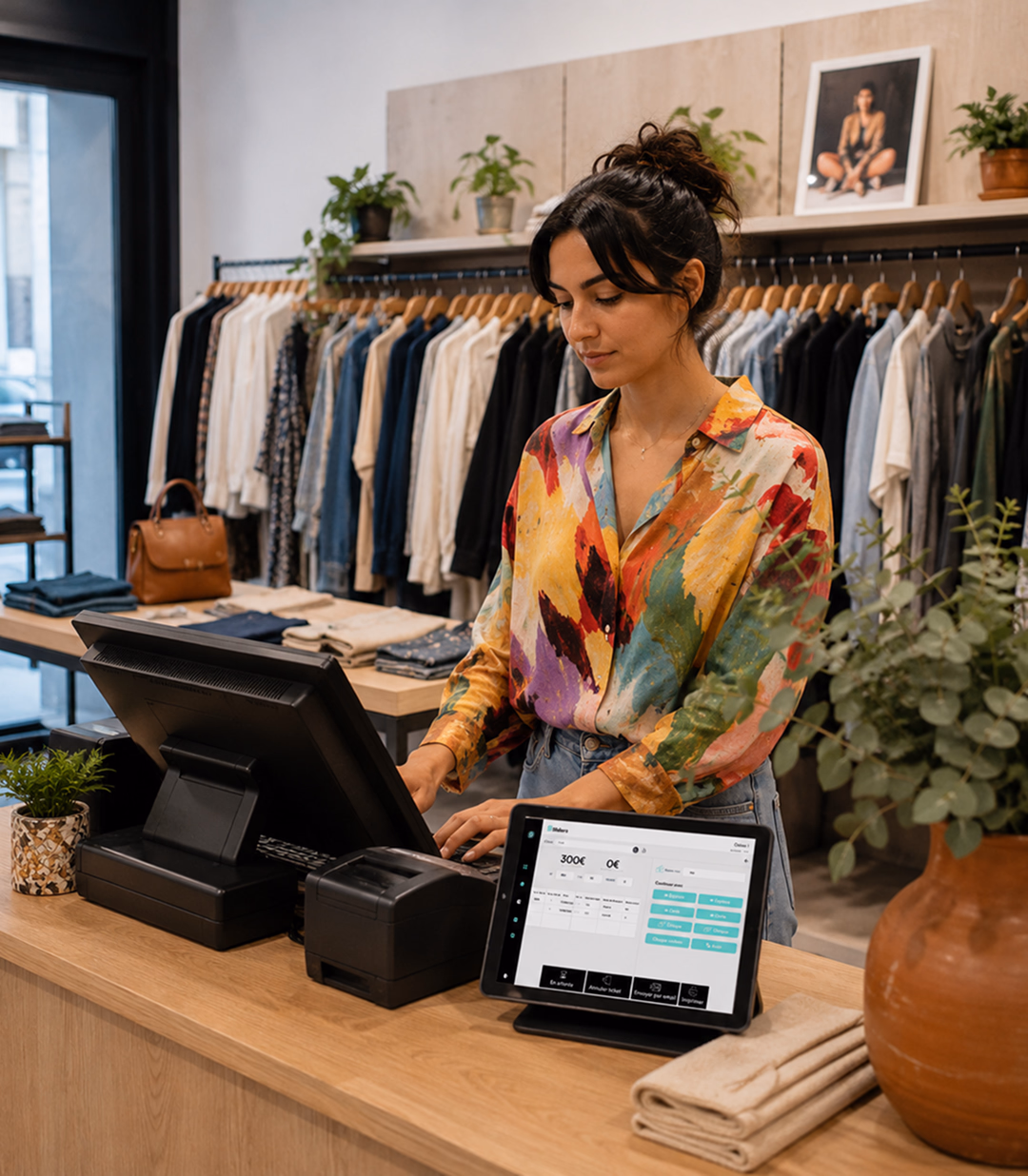 Vendeuse utilisant la caisse Sliderz sur tablette au comptoir d'une boutique de prêt-à-porter