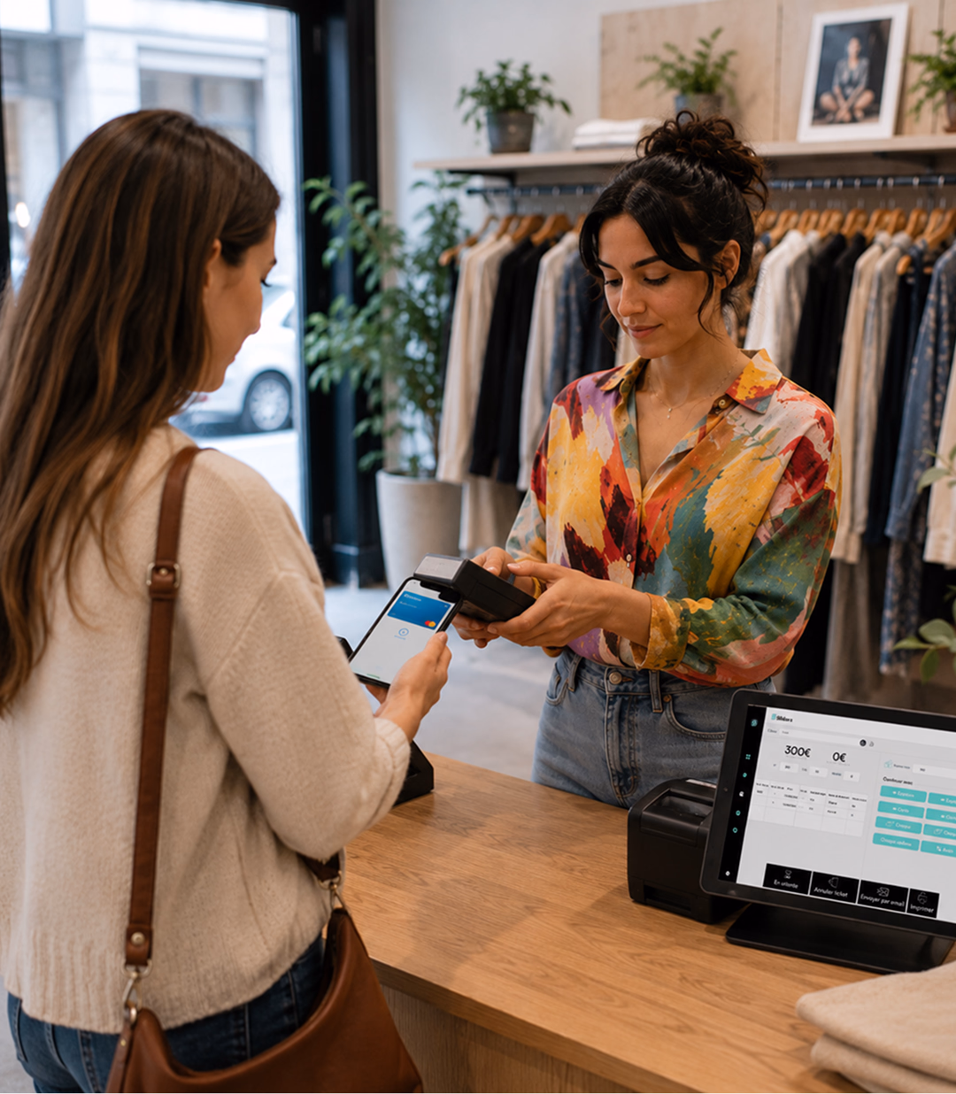 Encaissement par carte au TPE dans une boutique de mode équipée de la caisse Sliderz