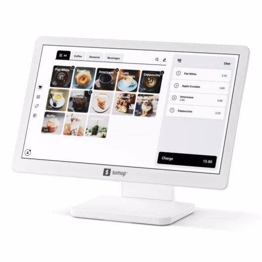 Caisse SumUp avec écran tactile blanc posé sur un comptoir